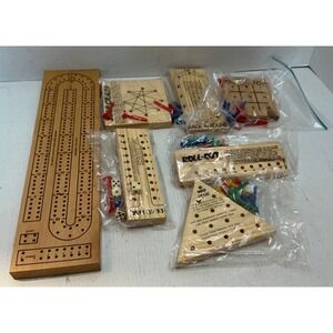 Vintage Wooden Game Lot Cribbage Tic Tac Toe Mind Craze Travel Size
